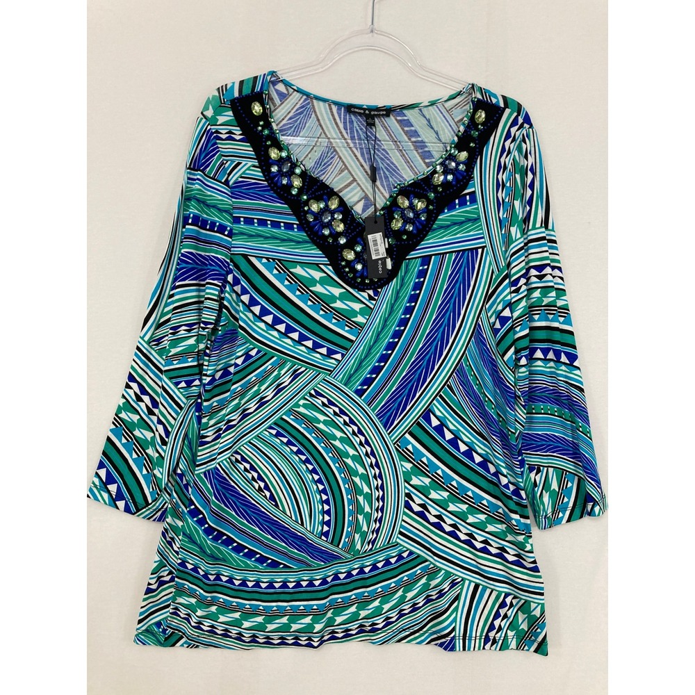 New Cable & Gauge Embellished Top Large Blue Green Geometric 3/4 Sleeve Stretch